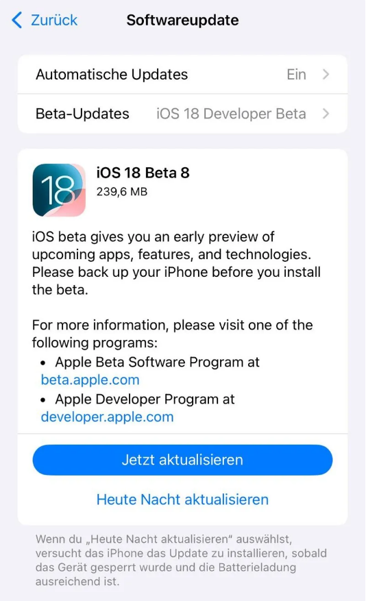 新都苹果手机维修分享苹果 iOS / iPadOS 18 开发者预览版 Beta 8 发布 